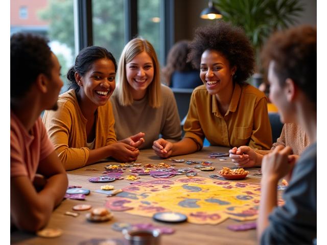 Eine Gruppe lachender Freunde spielt ein komplexes Brettspiel