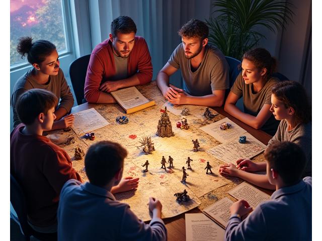 Eine Gruppe um einen Tisch mit D&D Würfeln, Miniaturen und Charakterbögen