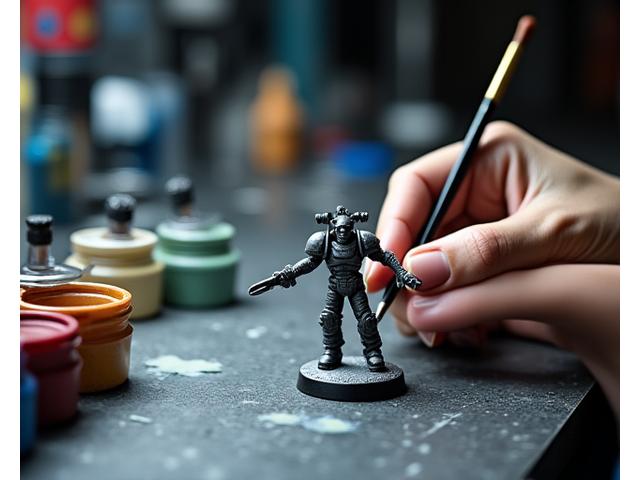Hände bemalen eine detaillierte Warhammer 40k Miniaturfigur mit einem Pinsel