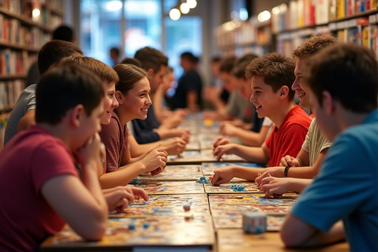 Kunden verschiedener Altersgruppen, die lebhaft in der Würfelspitze Spiele spielen