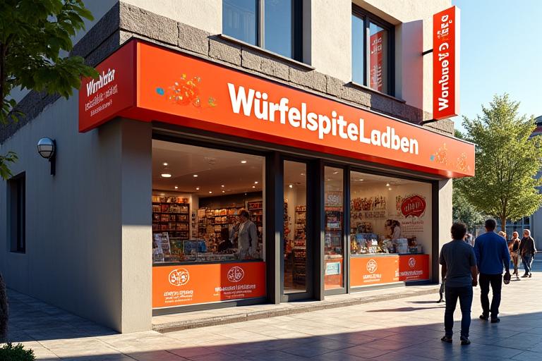 Außenansicht des Würfelspitze Ladens während des Tages, mit dem Schild und Passanten