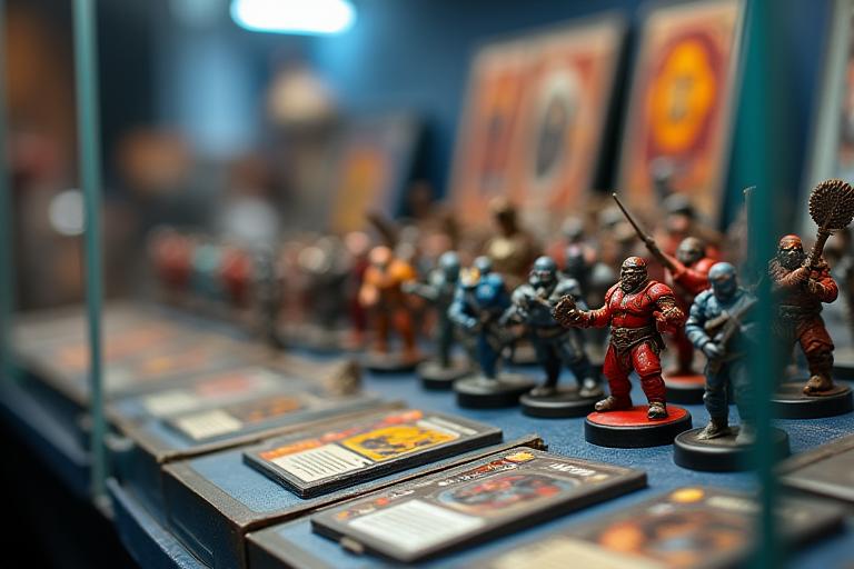 Nahaufnahme von Miniaturen und Spielzubehör in einem Glasdisplay