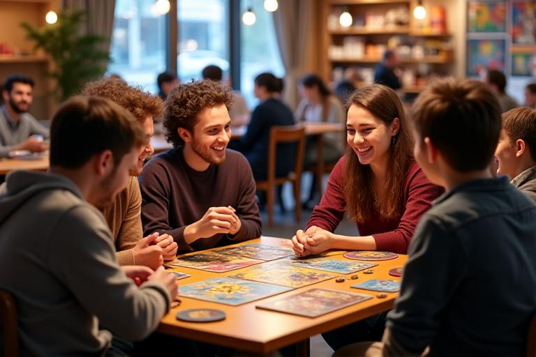 Gemütlicher Spielbereich mit Tischen, Stühlen und lachenden Menschen, die Brettspiele spielen