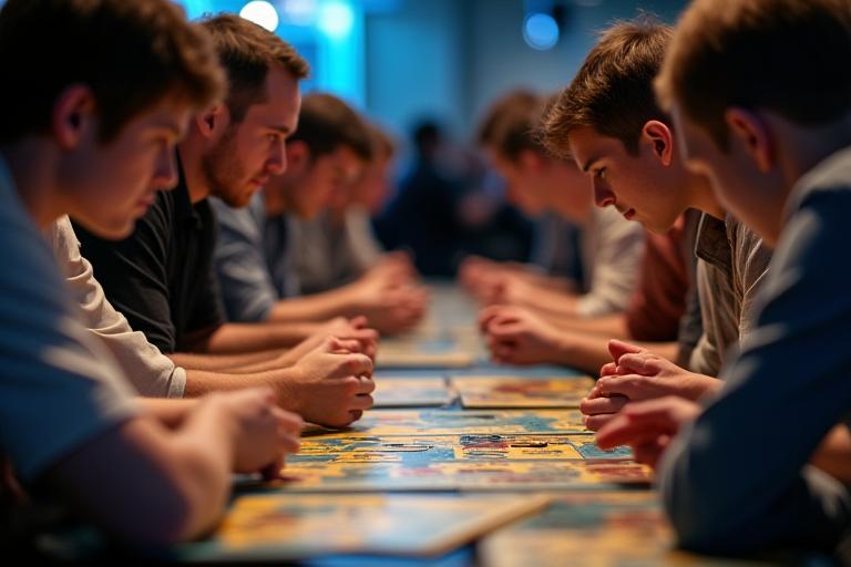 Teilnehmer eines Turniers konzentriert über einem Brettspiel gebeugt